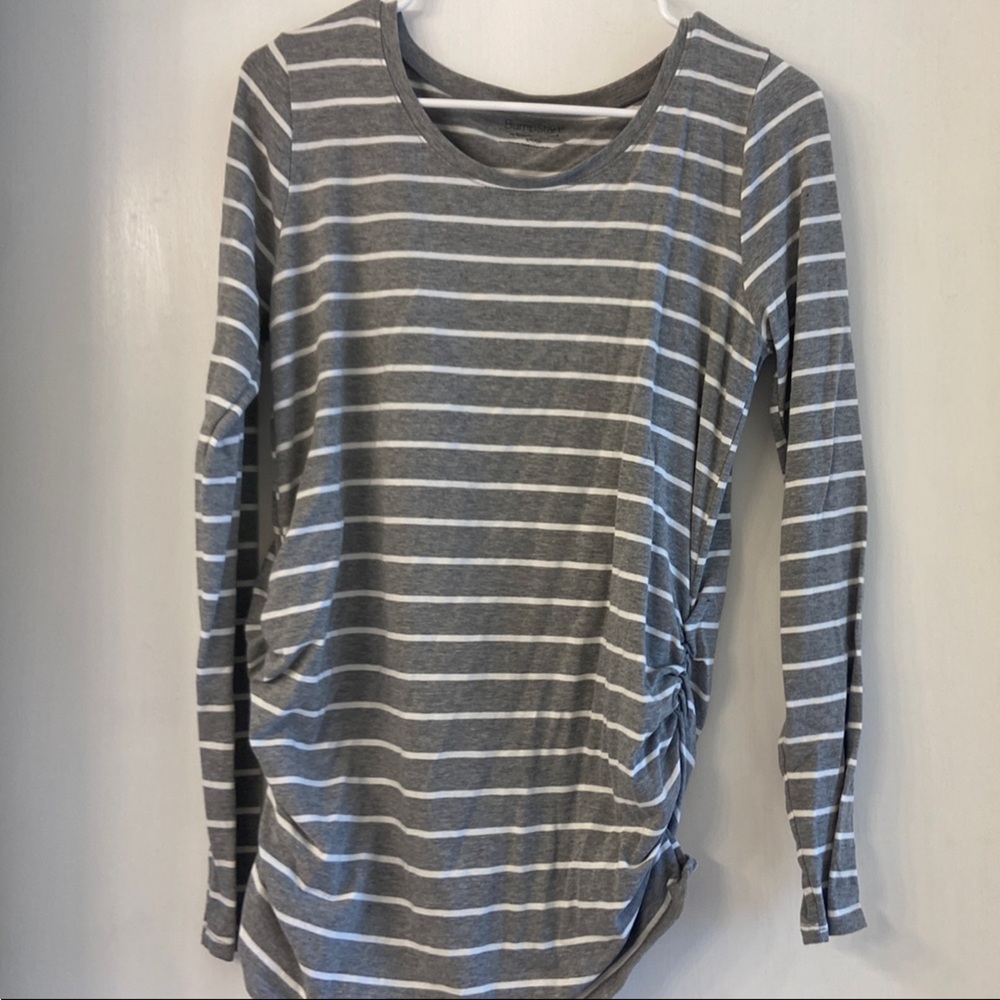 BumpStart Gray and white striped Fitted Ribbed Long Sleeve Blouse
